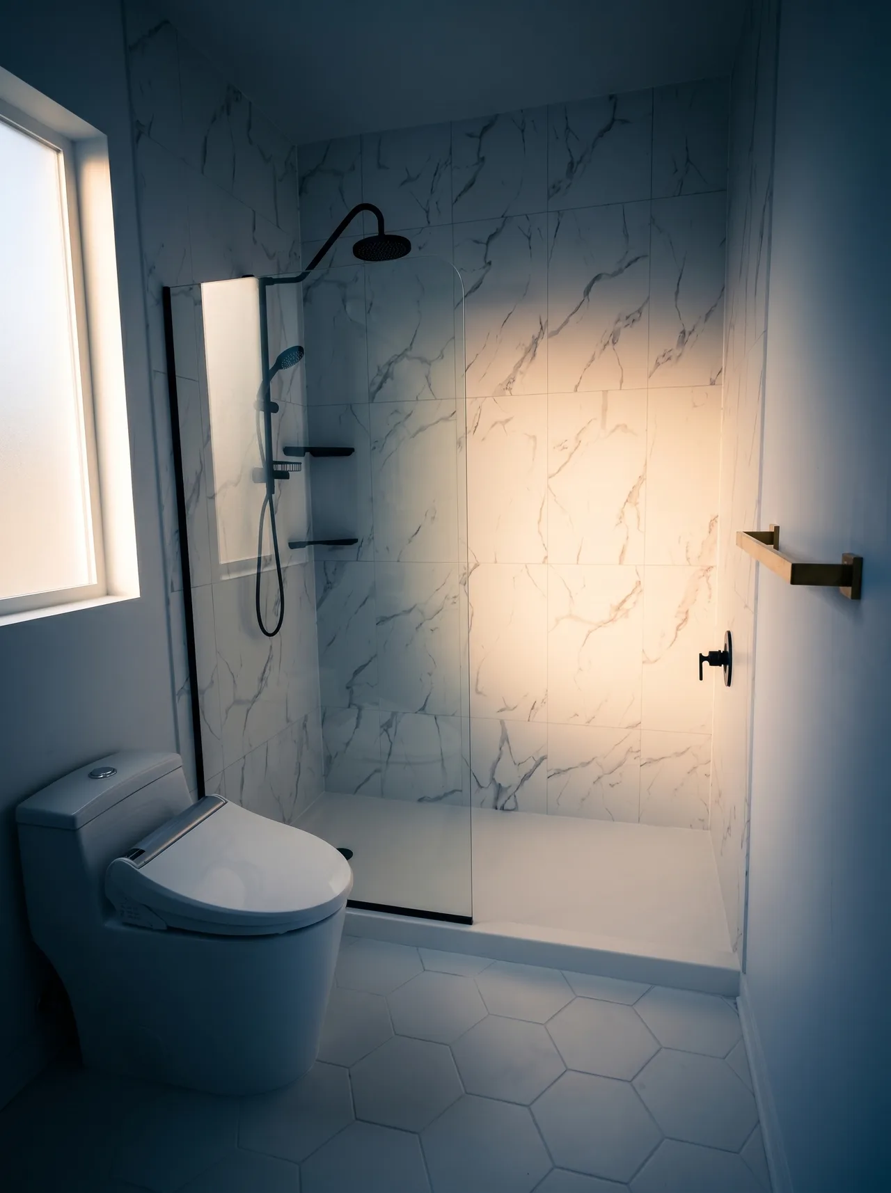 Finished bathroom with white marble tile, frameless glass divider, matte black shower set, a smart toilet, and hexagon floor tile