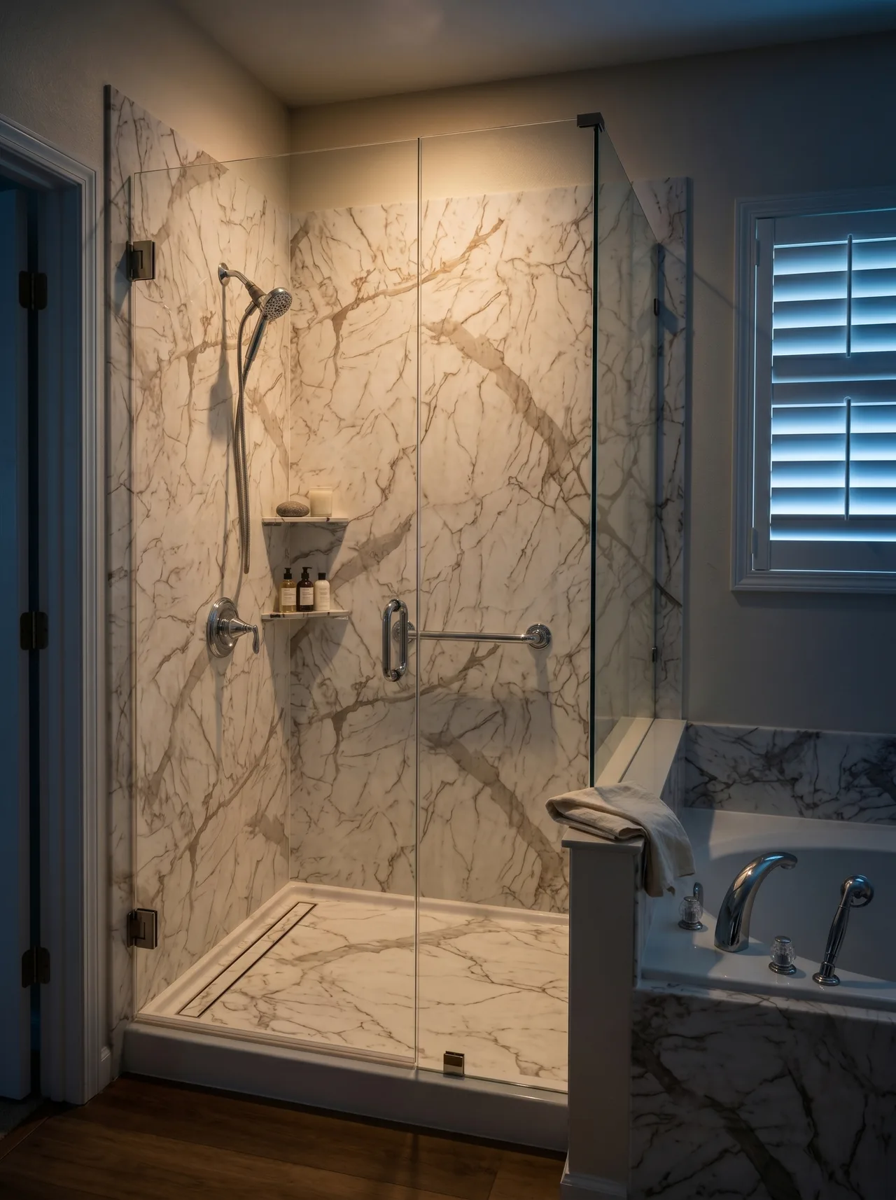 Finished bathroom with a frameless glass walk-in shower clad in cream and grey veined travertine marble, polished nickel fixtures, beside a built-in soaking tub with a plantation-shutter window