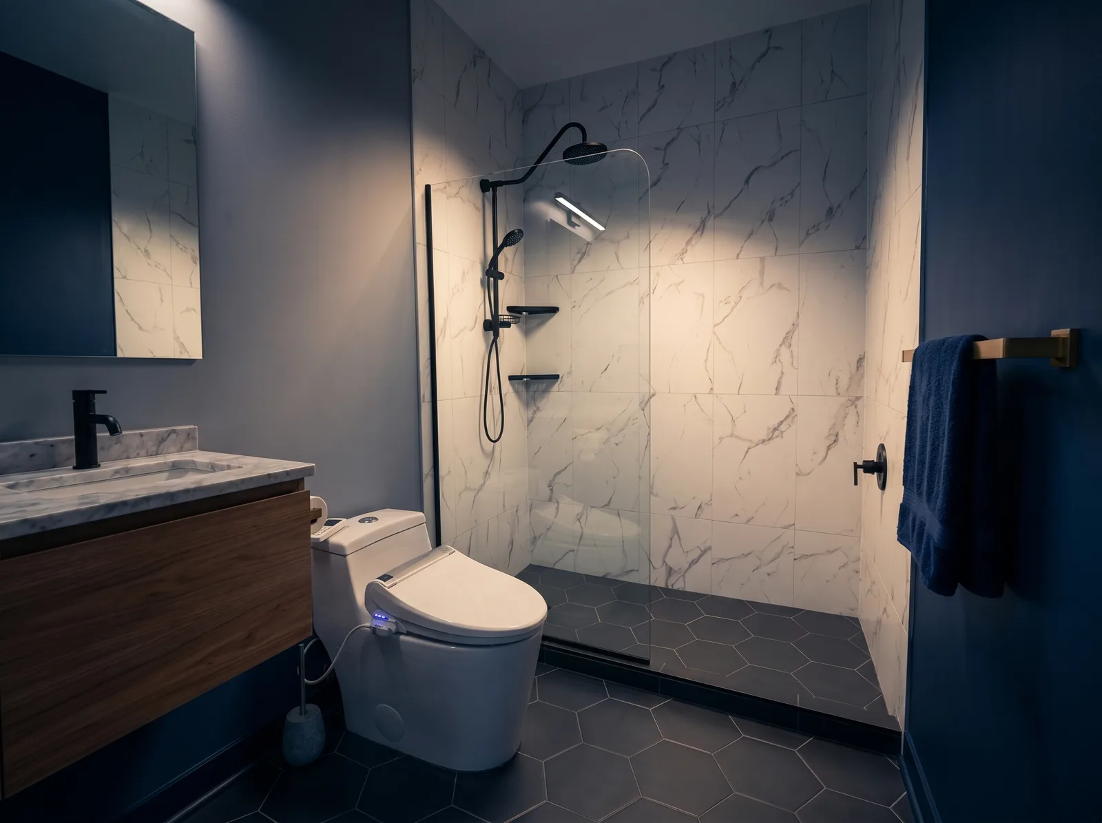 Calacatta Viola marble primary bathroom with freestanding tub, walk-in shower, navy accent wall, and champagne brass fixtures