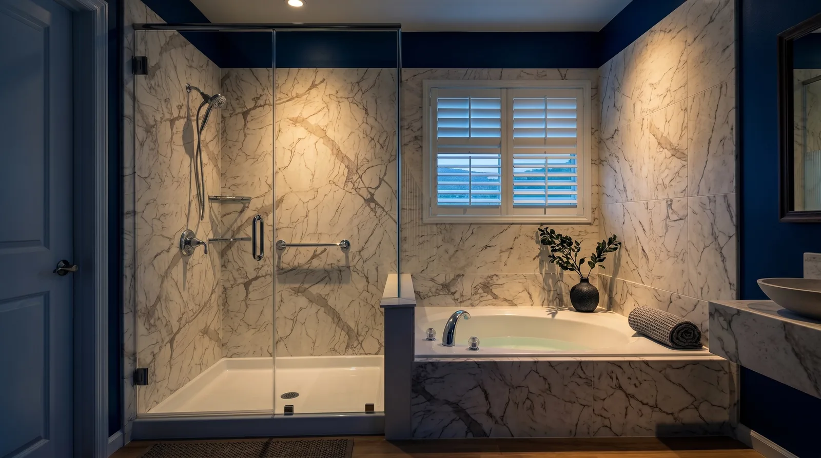 Travertine primary bathroom with arched window, freestanding tub, and walnut vanity in Bayshore, Tampa