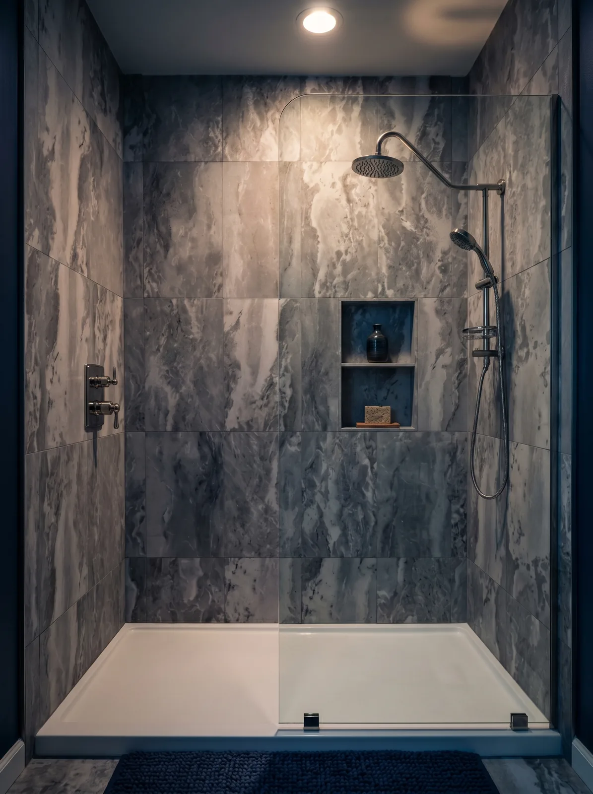 Curbless walk-in shower wet room with Calacatta Oro marble walls and frameless glass on Davis Islands