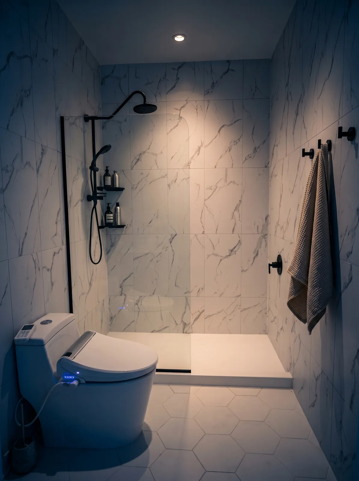Deep navy powder room with marble pedestal sink, brass cross-handle faucet, and herringbone walnut floor