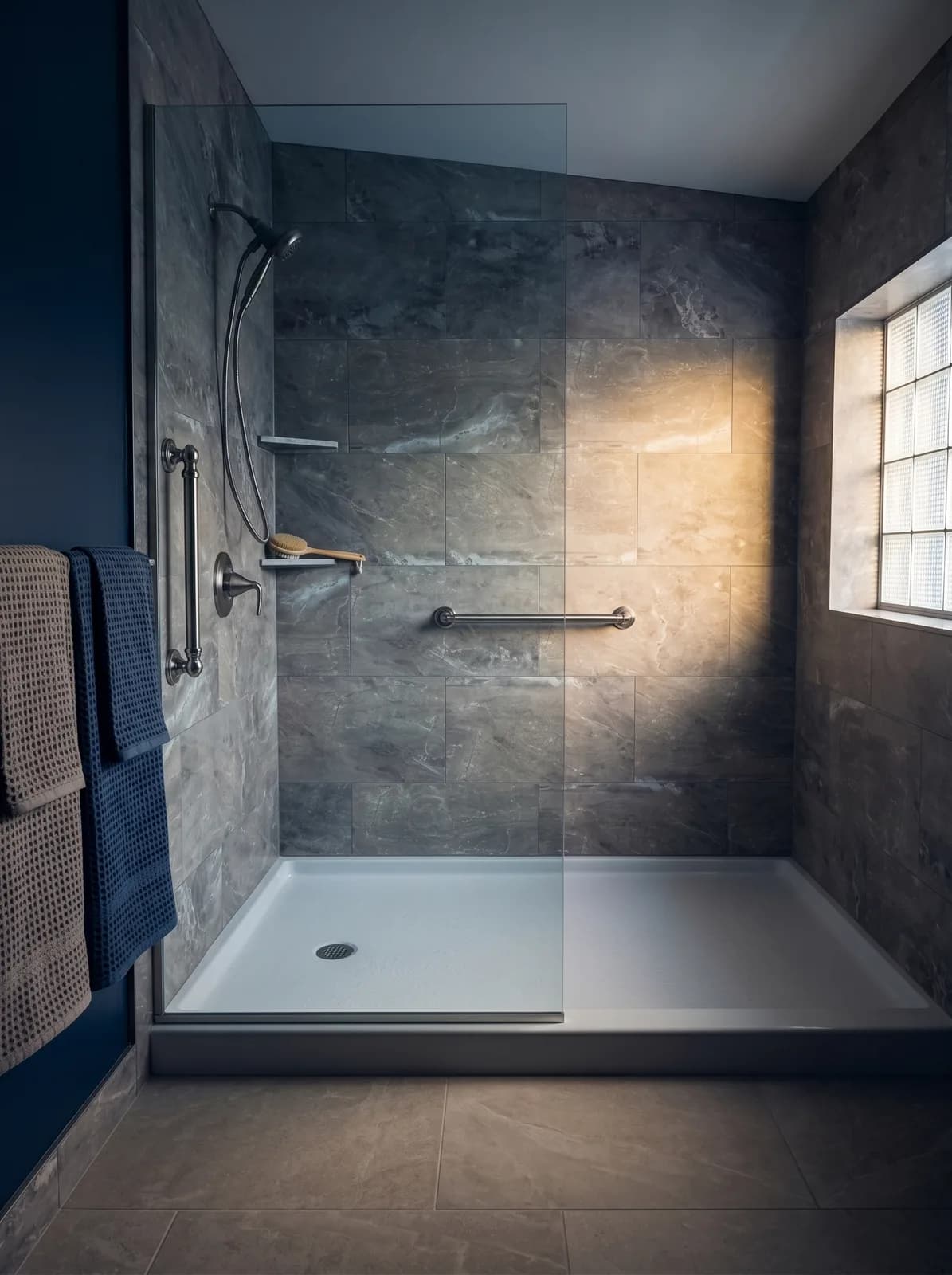 Aging-in-place travertine bathroom with curbless shower, integrated grab supports, and cove lighting